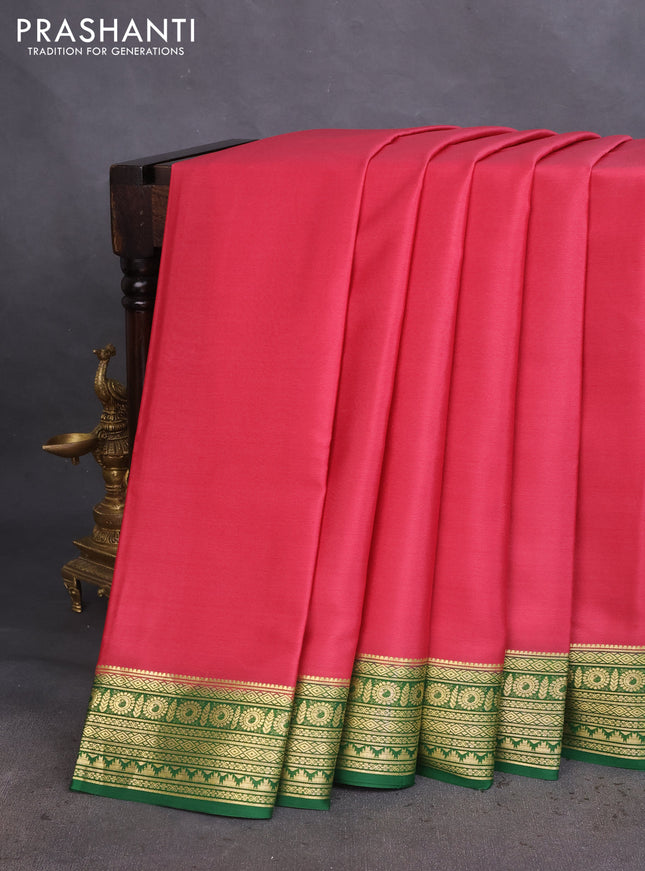 Pure mysore silk saree pink shade and green with plain body and zari woven border