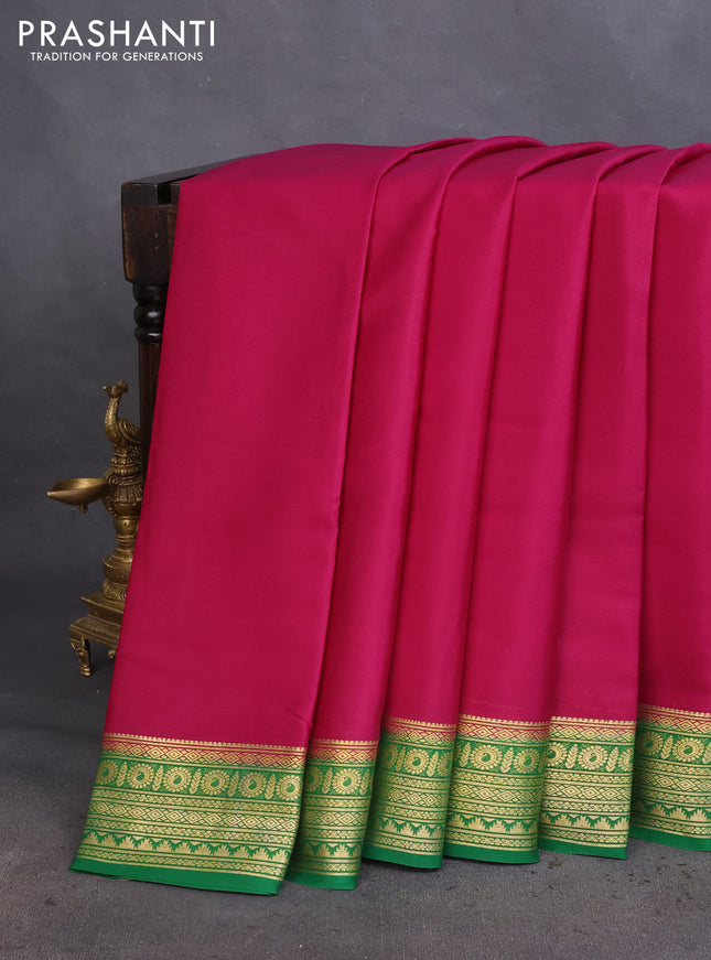 Pure mysore silk saree magenta pink and green with plain body and zari woven border