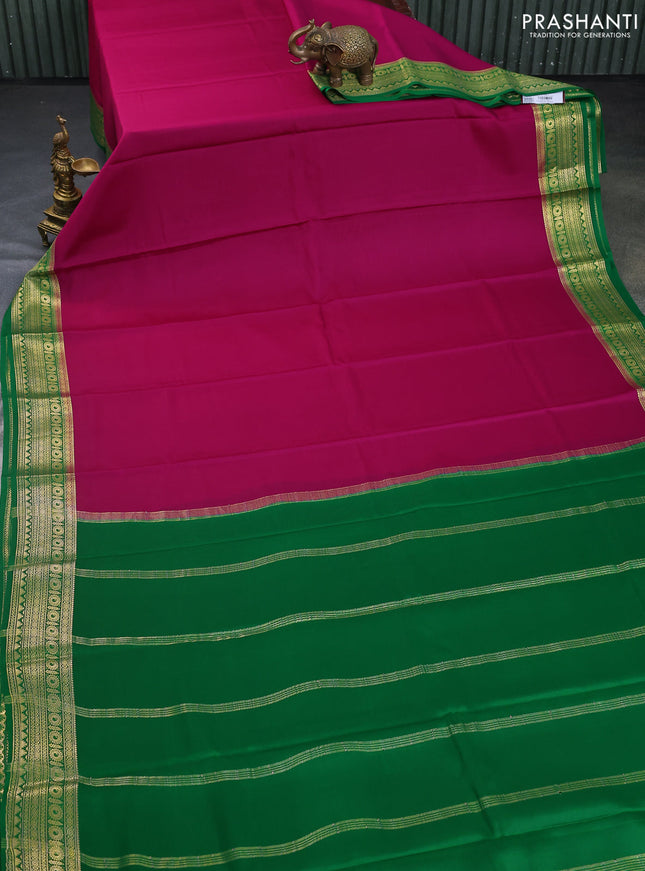 Pure mysore silk saree magenta pink and green with plain body and zari woven border
