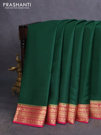 Pure mysore silk saree drak green and pink with plain body and zari woven border