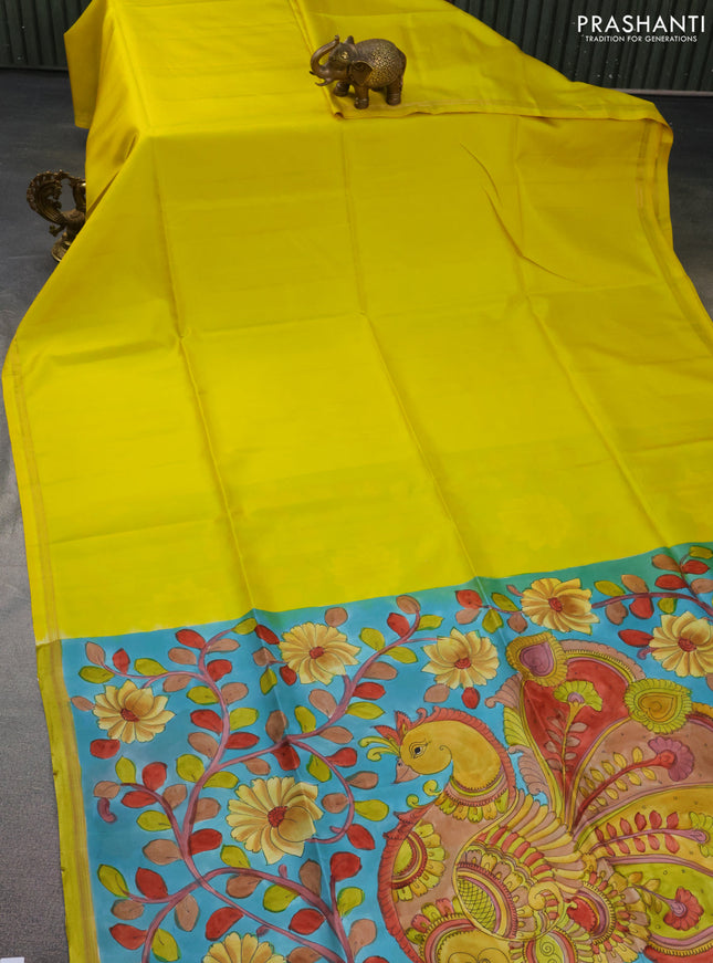 Pure soft silk saree lime yellow and light blue with plain body and hand painted kalamkari printed pallu