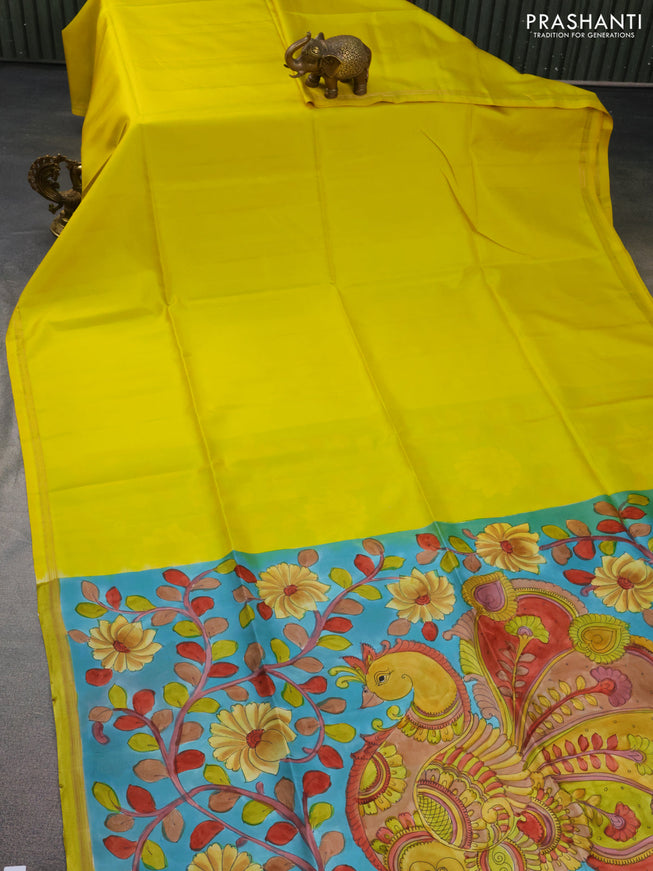 Pure soft silk saree lime yellow and light blue with plain body and hand painted kalamkari printed pallu