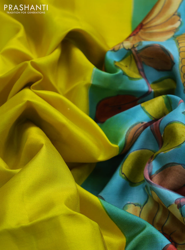 Pure soft silk saree lime yellow and light blue with plain body and hand painted kalamkari printed pallu