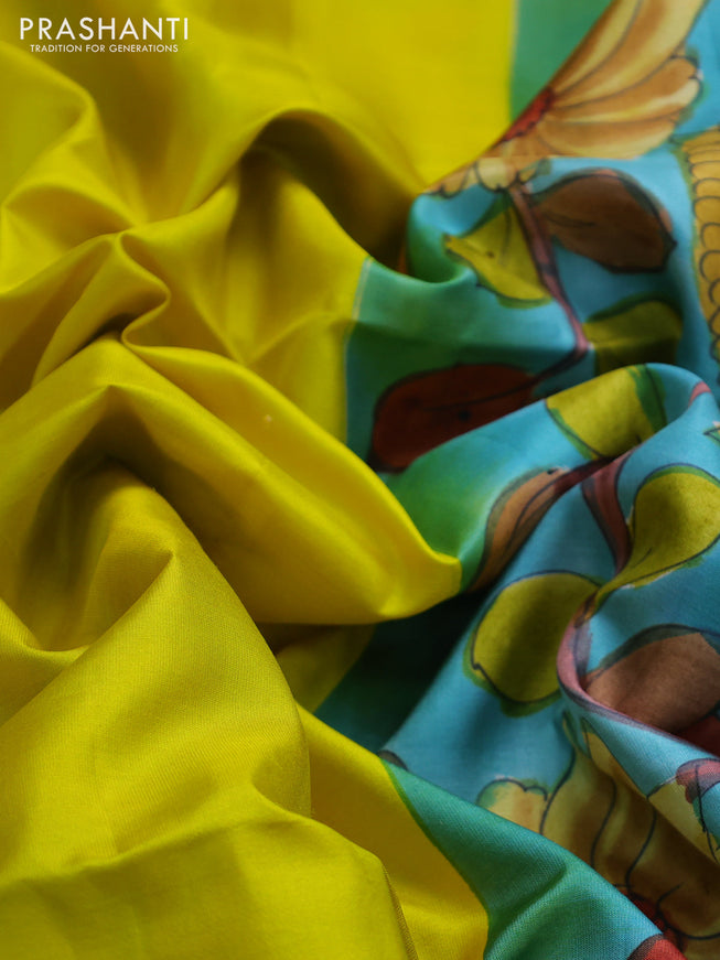 Pure soft silk saree lime yellow and light blue with plain body and hand painted kalamkari printed pallu
