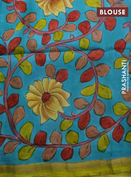 Pure soft silk saree lime yellow and light blue with plain body and hand painted kalamkari printed pallu