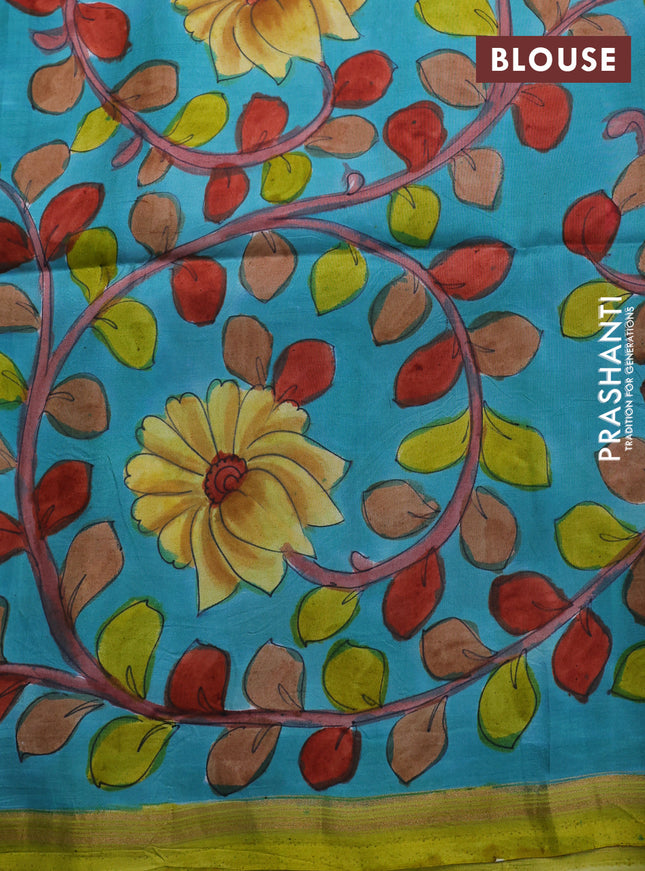 Pure soft silk saree lime yellow and light blue with plain body and hand painted kalamkari printed pallu