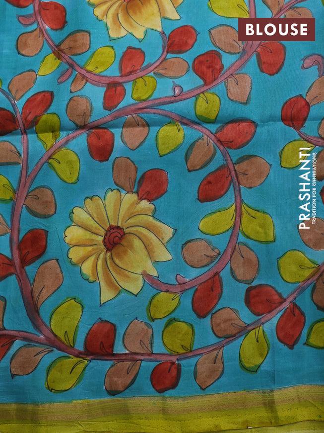 Pure soft silk saree lime yellow and light blue with plain body and hand painted kalamkari printed pallu