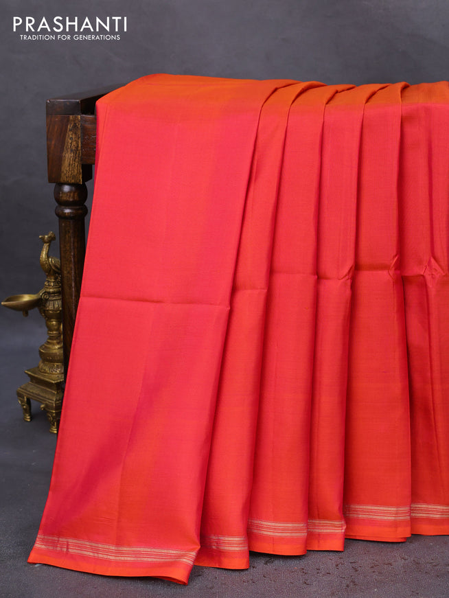 Pure soft silk saree dual shade of pinkish orange and yellow with plain body and hand painted kalamkari printed pallu