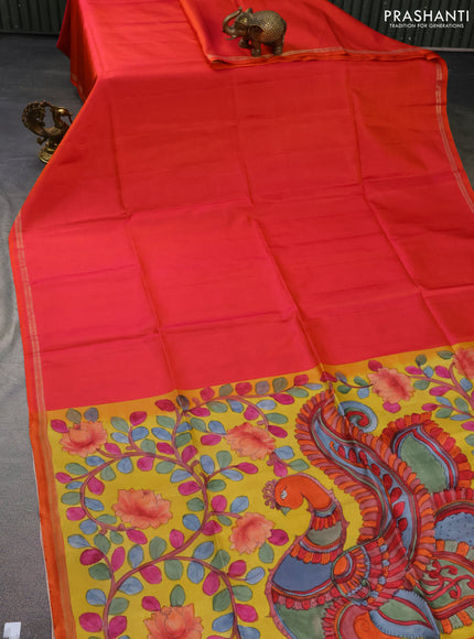 Pure soft silk saree dual shade of pinkish orange and yellow with plain body and hand painted kalamkari printed pallu
