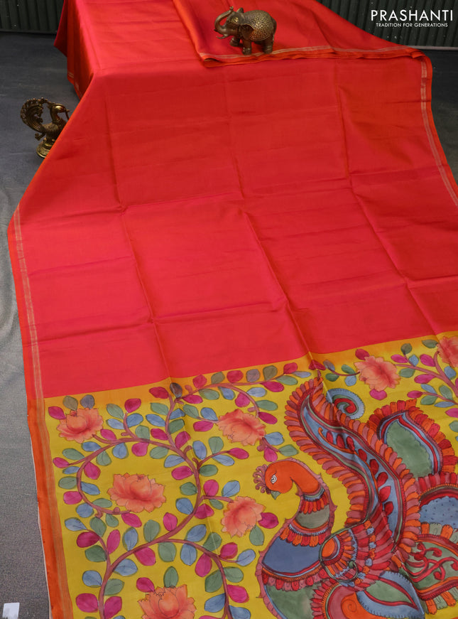 Pure soft silk saree dual shade of pinkish orange and yellow with plain body and hand painted kalamkari printed pallu