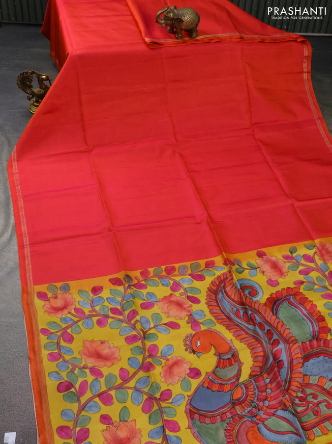 Pure soft silk saree dual shade of pinkish orange and yellow with plain body and hand painted kalamkari printed pallu