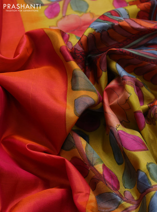 Pure soft silk saree dual shade of pinkish orange and yellow with plain body and hand painted kalamkari printed pallu