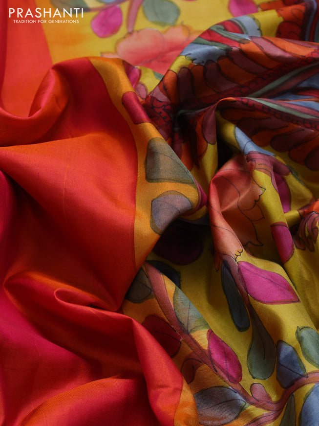 Pure soft silk saree dual shade of pinkish orange and yellow with plain body and hand painted kalamkari printed pallu