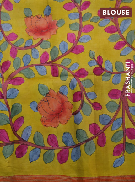 Pure soft silk saree dual shade of pinkish orange and yellow with plain body and hand painted kalamkari printed pallu