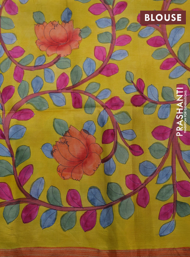 Pure soft silk saree dual shade of pinkish orange and yellow with plain body and hand painted kalamkari printed pallu