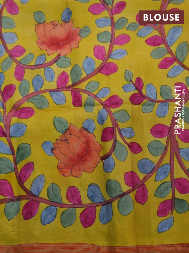 Pure soft silk saree dual shade of pinkish orange and yellow with plain body and hand painted kalamkari printed pallu