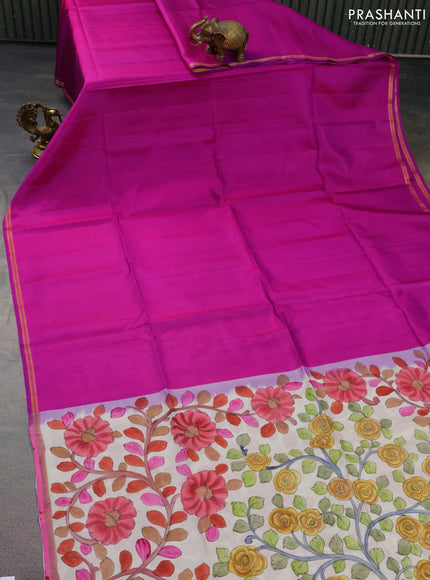 Pure soft silk saree purple and off white with plain body and hand painted kalamkari printed pallu