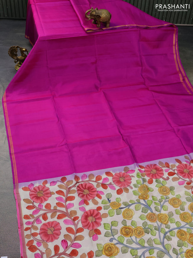 Pure soft silk saree purple and off white with plain body and hand painted kalamkari printed pallu