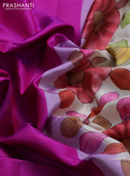 Pure soft silk saree purple and off white with plain body and hand painted kalamkari printed pallu