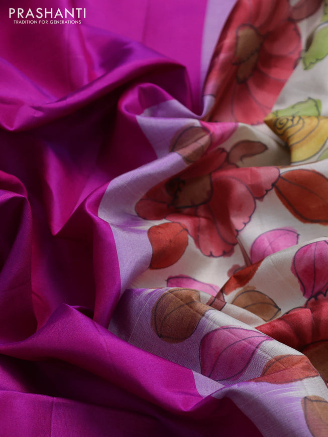 Pure soft silk saree purple and off white with plain body and hand painted kalamkari printed pallu