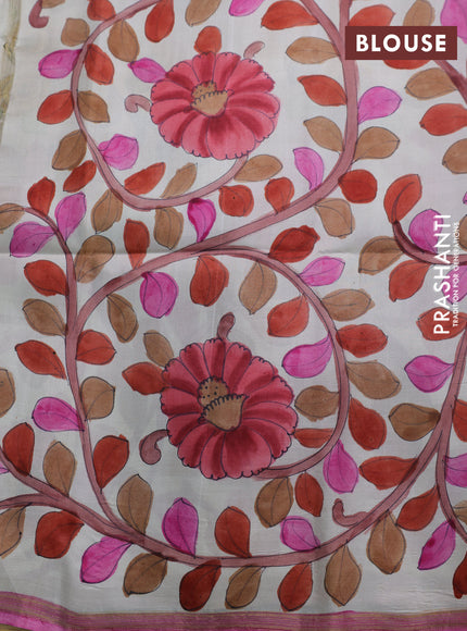 Pure soft silk saree purple and off white with plain body and hand painted kalamkari printed pallu