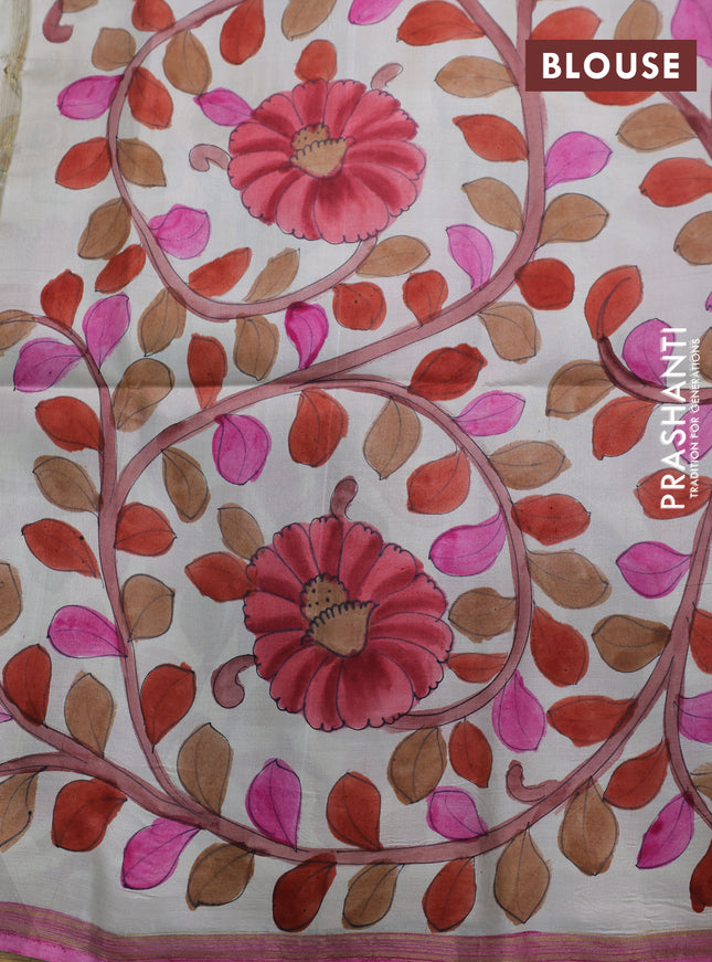 Pure soft silk saree purple and off white with plain body and hand painted kalamkari printed pallu