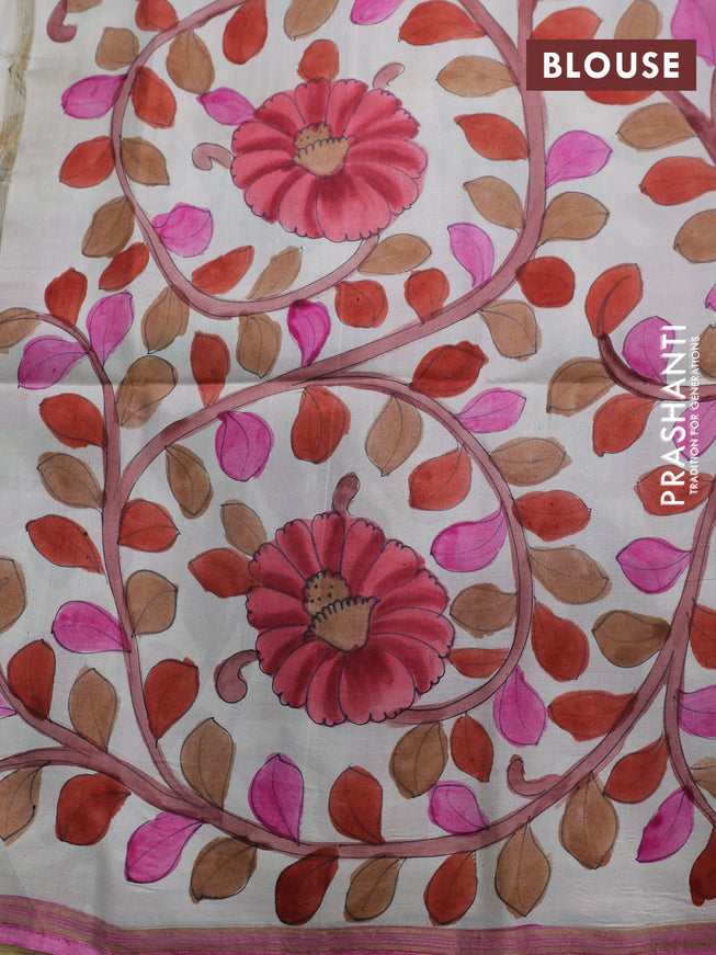 Pure soft silk saree purple and off white with plain body and hand painted kalamkari printed pallu