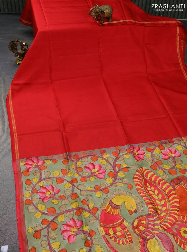 Pure soft silk saree red and elaichi green with plain body and hand painted kalamkari printed pallu