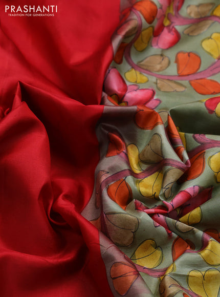 Pure soft silk saree red and elaichi green with plain body and hand painted kalamkari printed pallu