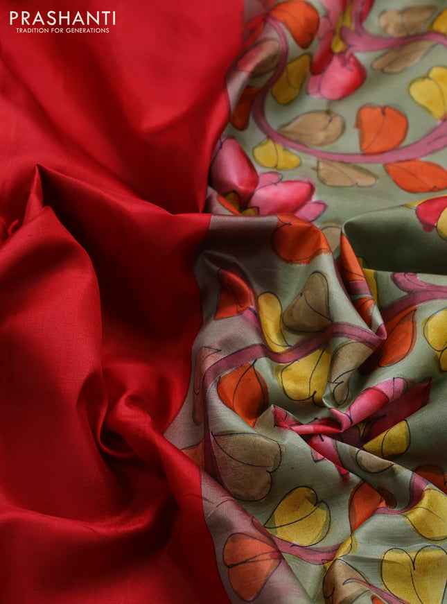 Pure soft silk saree red and elaichi green with plain body and hand painted kalamkari printed pallu