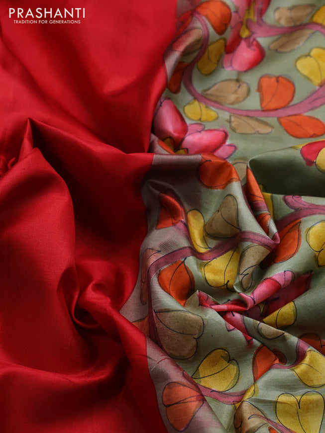 Pure soft silk saree red and elaichi green with plain body and hand painted kalamkari printed pallu