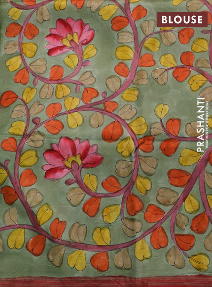 Pure soft silk saree red and elaichi green with plain body and hand painted kalamkari printed pallu