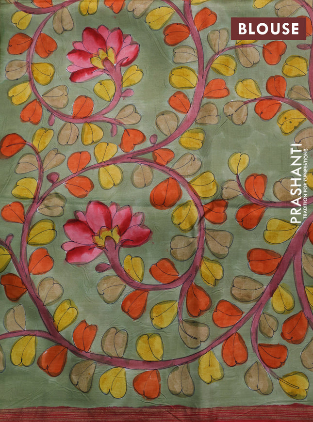 Pure soft silk saree red and elaichi green with plain body and hand painted kalamkari printed pallu