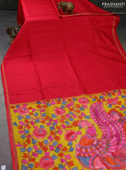 Pure soft silk saree pink and yellow with plain body and hand painted kalamkari printed pallu