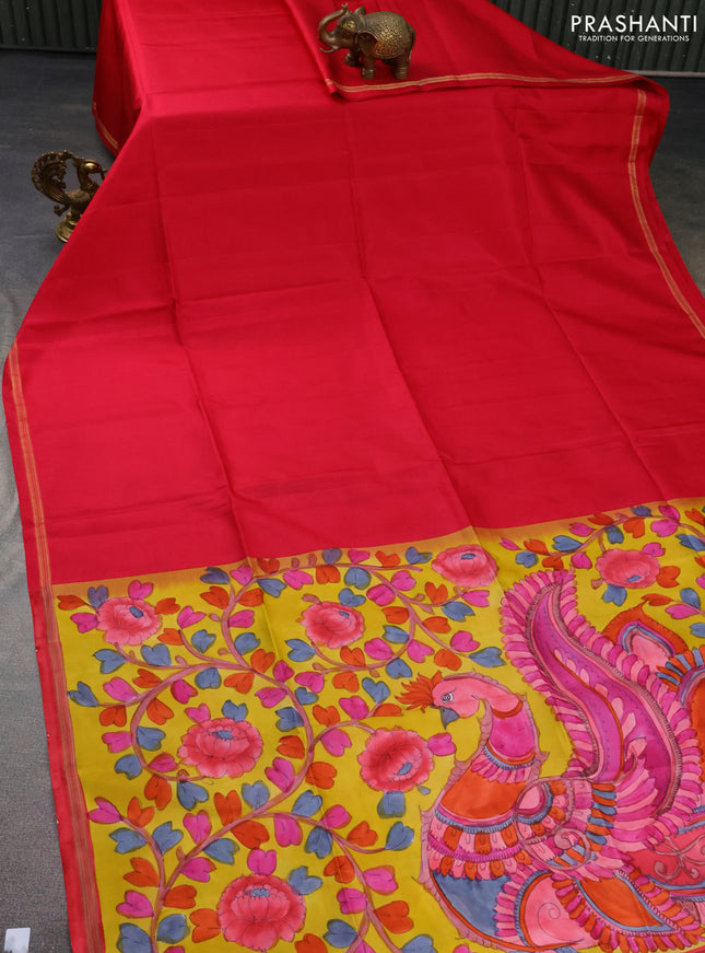 Pure soft silk saree pink and yellow with plain body and hand painted kalamkari printed pallu