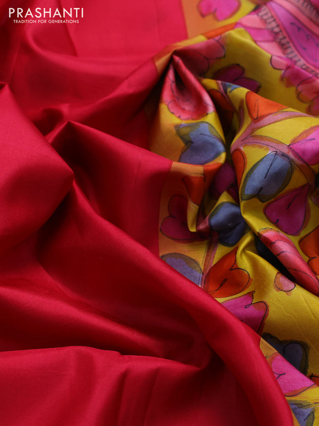 Pure soft silk saree pink and yellow with plain body and hand painted kalamkari printed pallu