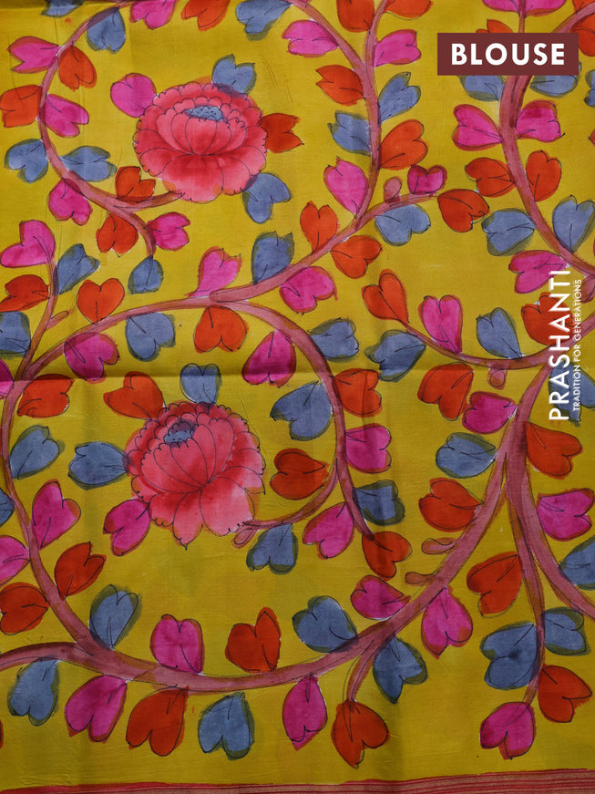 Pure soft silk saree pink and yellow with plain body and hand painted kalamkari printed pallu