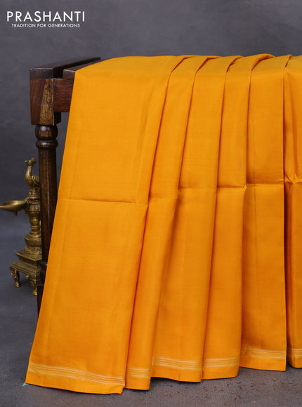 Pure soft silk saree mustard yellow and green with plain body and hand painted kalamkari printed pallu