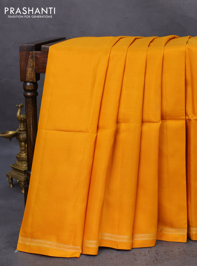 Pure soft silk saree mustard yellow and green with plain body and hand painted kalamkari printed pallu