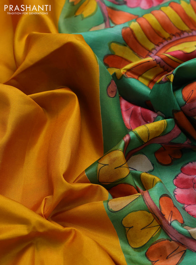 Pure soft silk saree mustard yellow and green with plain body and hand painted kalamkari printed pallu