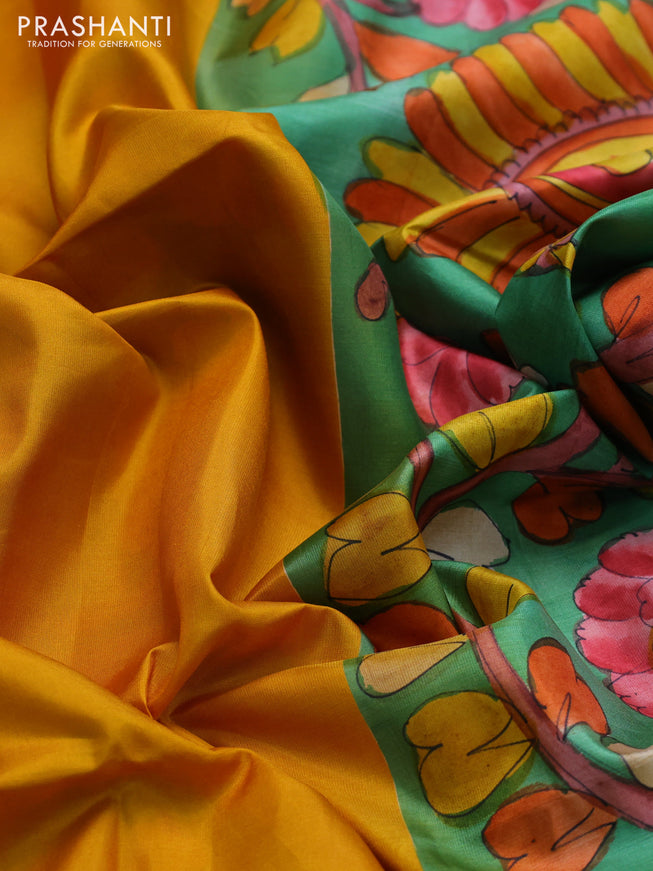 Pure soft silk saree mustard yellow and green with plain body and hand painted kalamkari printed pallu