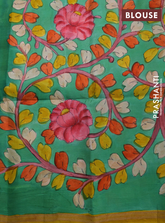 Pure soft silk saree mustard yellow and green with plain body and hand painted kalamkari printed pallu