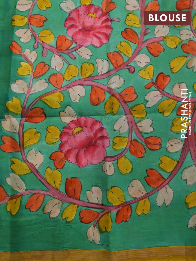 Pure soft silk saree mustard yellow and green with plain body and hand painted kalamkari printed pallu