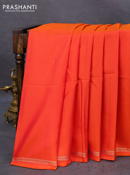 Pure soft silk saree dual shade of orange and teal green with plain body and hand painted kalamkari printed pallu