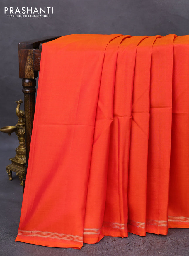 Pure soft silk saree dual shade of orange and teal green with plain body and hand painted kalamkari printed pallu