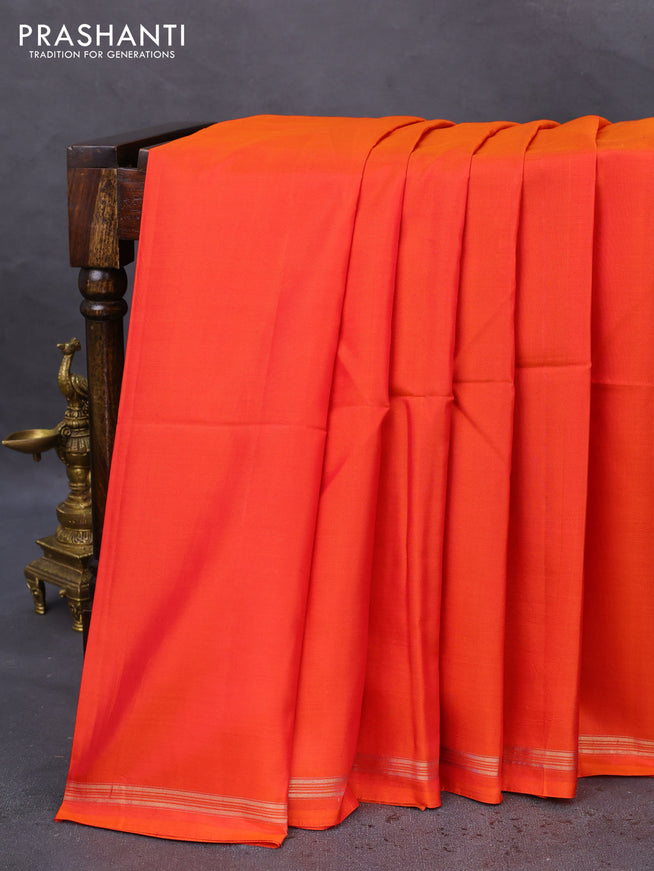 Pure soft silk saree dual shade of orange and teal green with plain body and hand painted kalamkari printed pallu