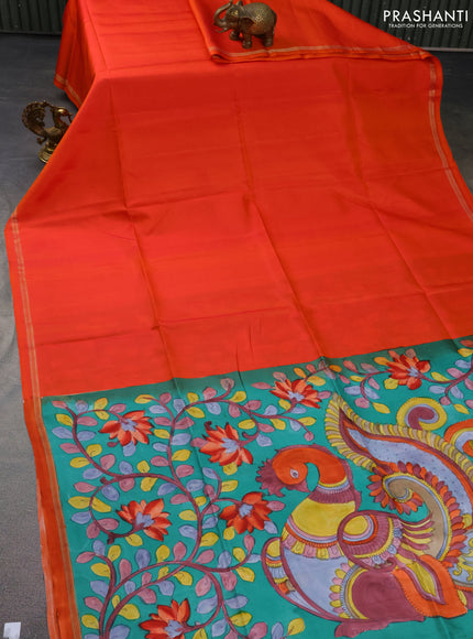 Pure soft silk saree dual shade of orange and teal green with plain body and hand painted kalamkari printed pallu