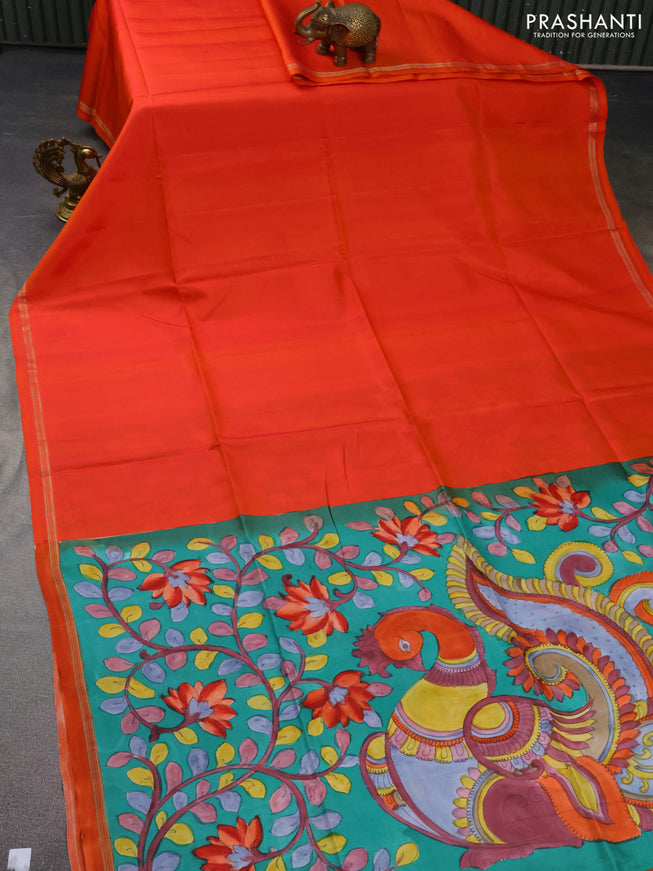 Pure soft silk saree dual shade of orange and teal green with plain body and hand painted kalamkari printed pallu