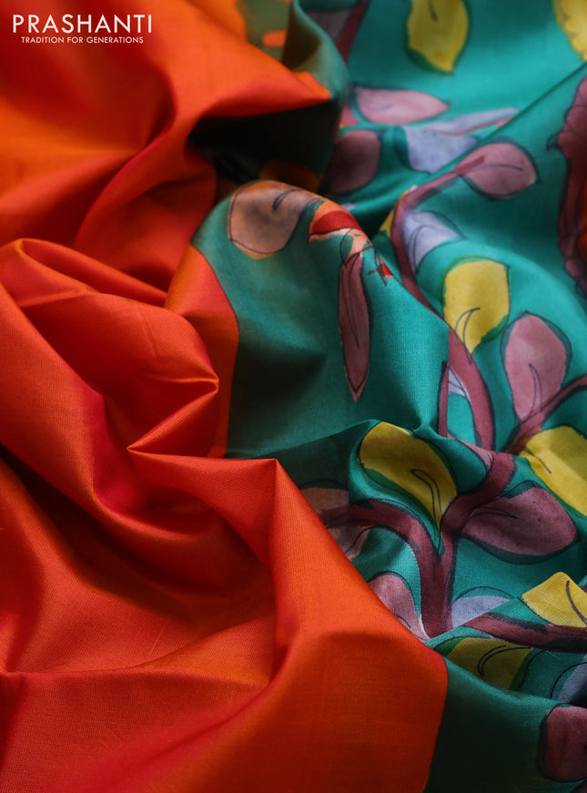 Pure soft silk saree dual shade of orange and teal green with plain body and hand painted kalamkari printed pallu