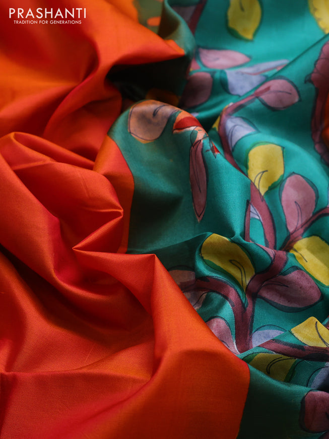 Pure soft silk saree dual shade of orange and teal green with plain body and hand painted kalamkari printed pallu